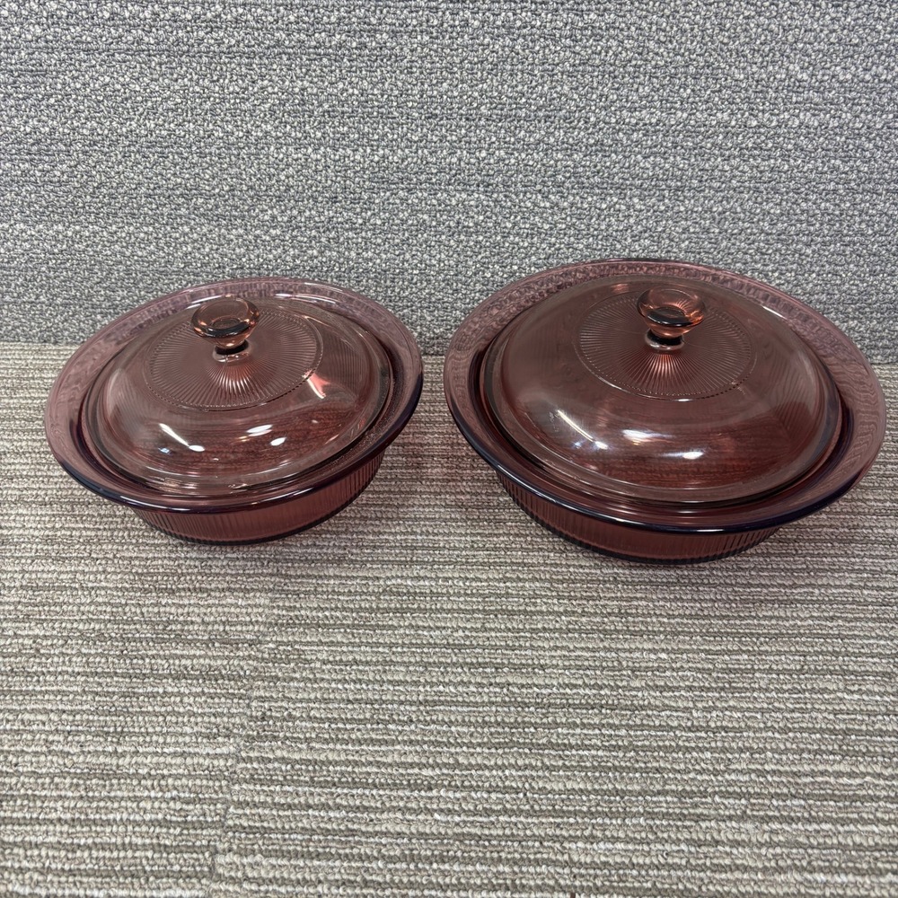 Corning Vision Casserole Dish Cranberry 1 Quart V-31-B, & 24 oz V-30-B USA Set 2